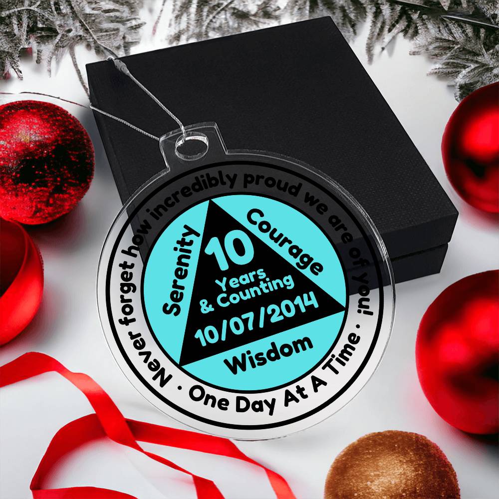 Custom Sobriety Date Ornament ~ One Day At A Time ~ Blue/transparent