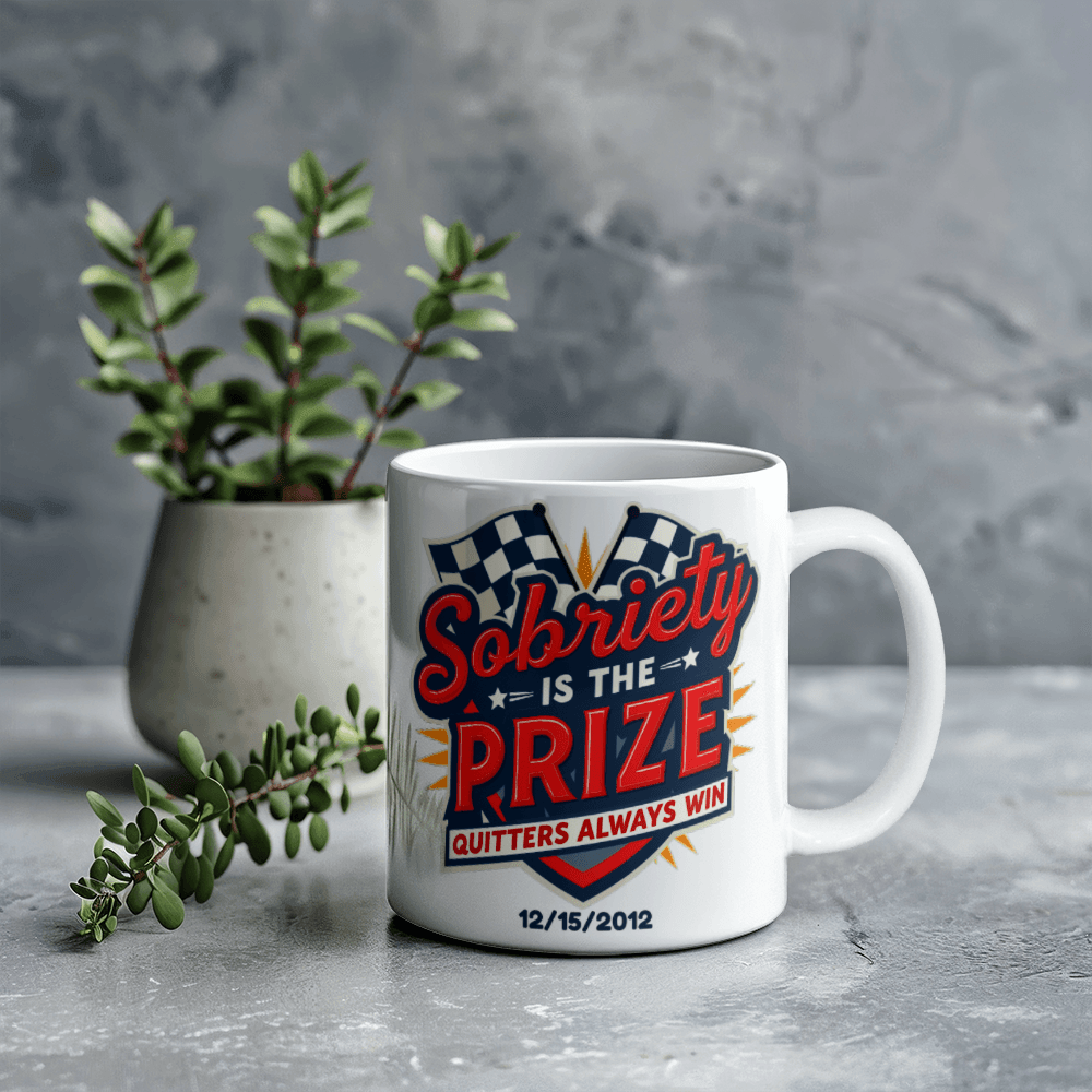 Sobriety is the Prize Quitters Always Win – Customizable Mug for Sober Milestones ~Winning One Day At A Time