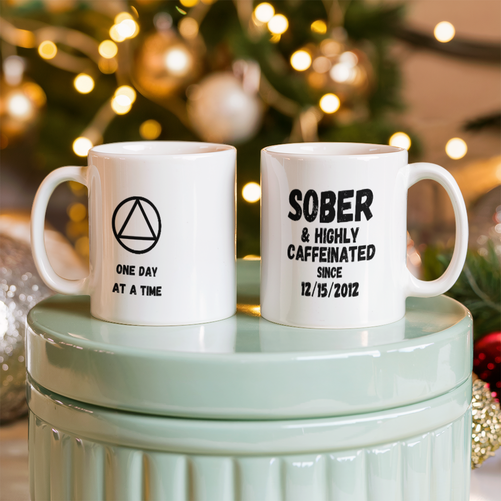 Sober and Highly Caffeinated ~ Custom Sobriety Gift with Personalized Sober Date