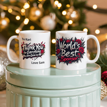 Personalized World's Best Sponsor Mug | Edgy Floral Design | Thank You Gift for Sobriety Sponsor | Custom Ceramic Coffee Cup