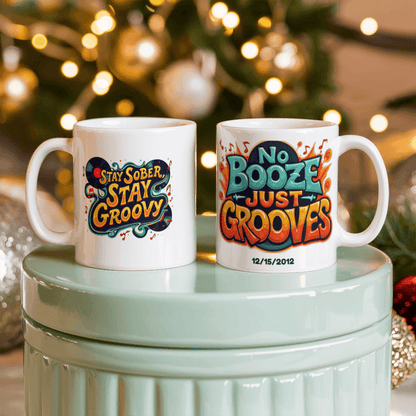 NO BOOZE JUST GROOVES! Stay sober Stay Groovy! Recovery Mug With Custom Sobriety Date added