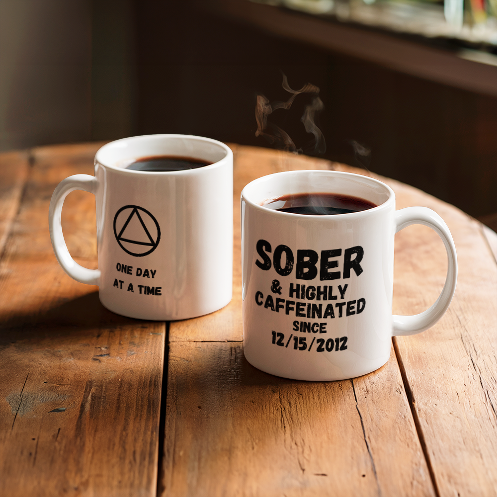 Sober and Highly Caffeinated ~ Custom Sobriety Gift with Personalized Sober Date