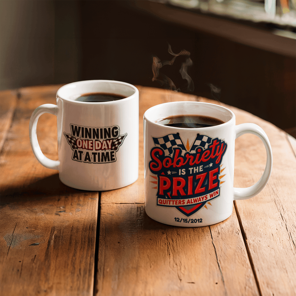 Sobriety is the Prize Quitters Always Win – Customizable Mug for Sober Milestones ~Winning One Day At A Time