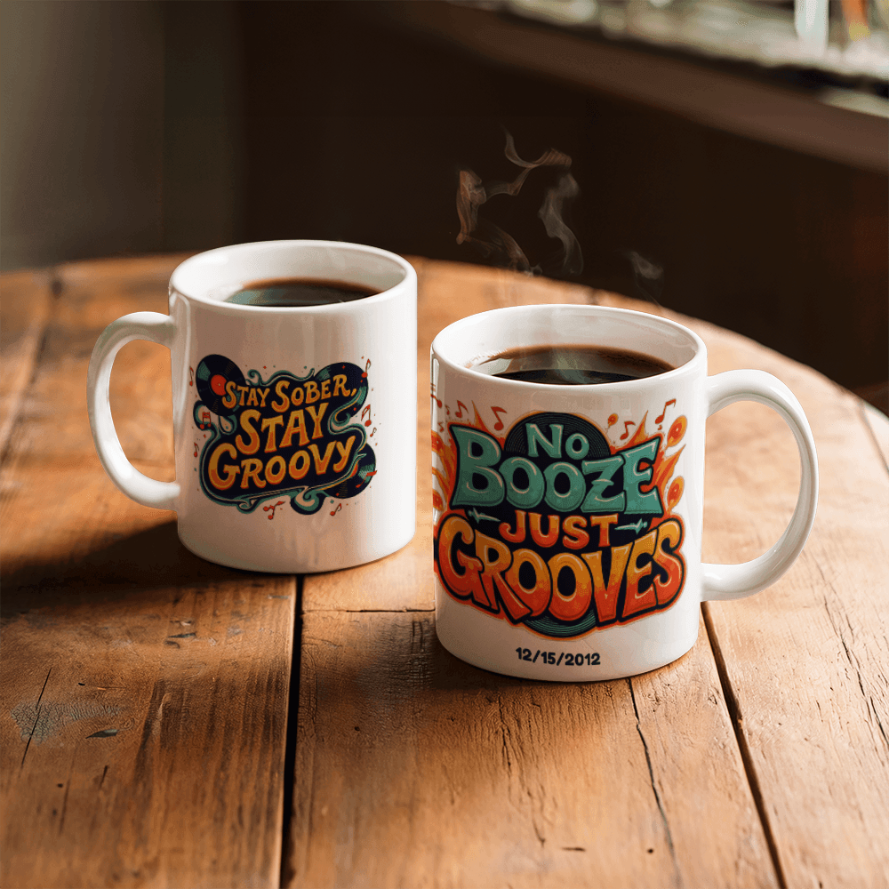 NO BOOZE JUST GROOVES! Stay sober Stay Groovy! Recovery Mug With Custom Sobriety Date added