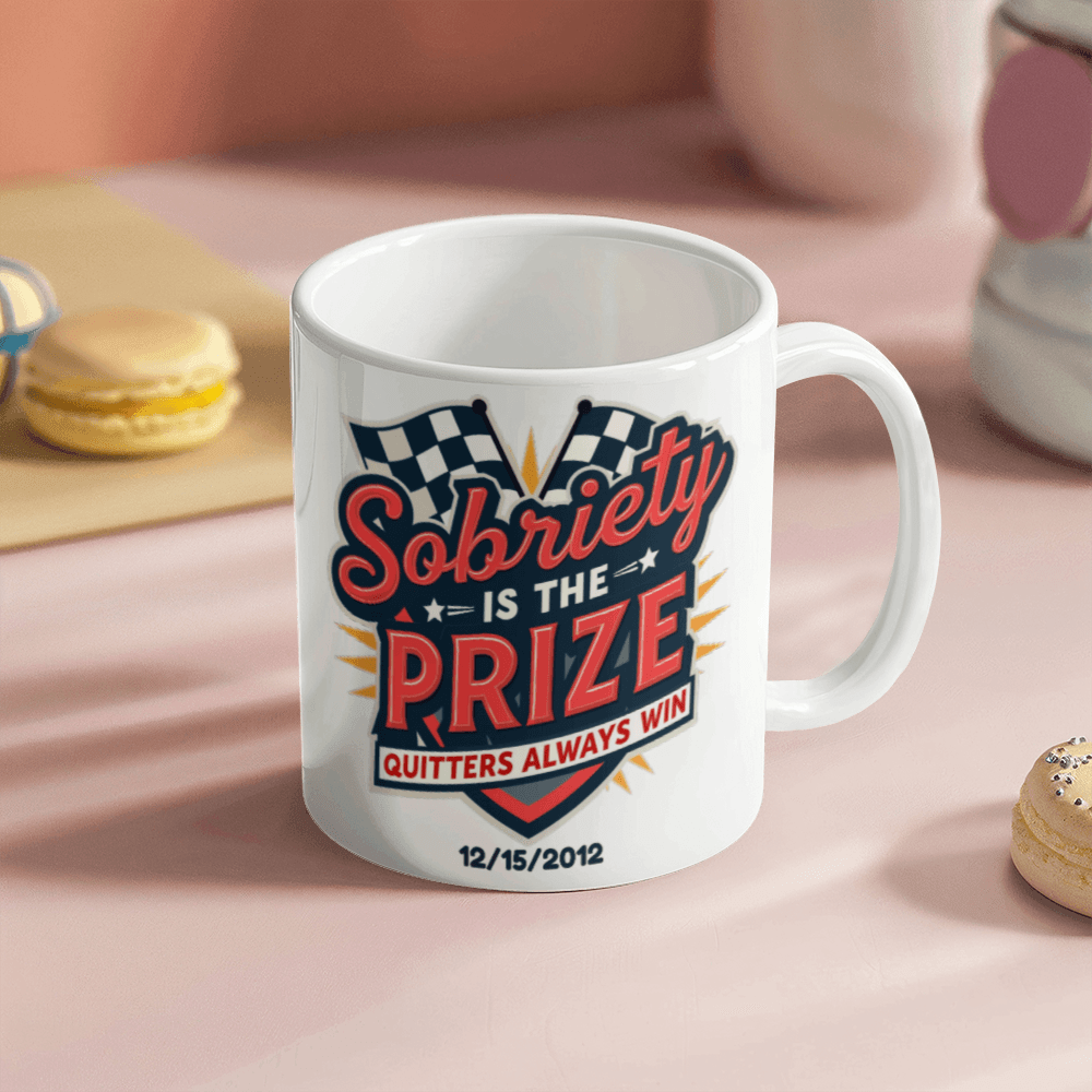 Sobriety is the Prize Quitters Always Win – Customizable Mug for Sober Milestones ~Winning One Day At A Time