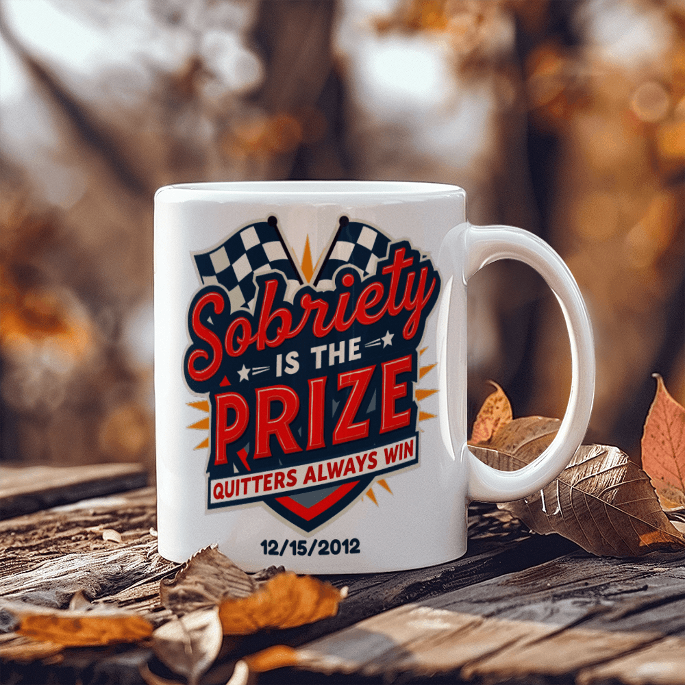 Sobriety is the Prize Quitters Always Win – Customizable Mug for Sober Milestones ~Winning One Day At A Time