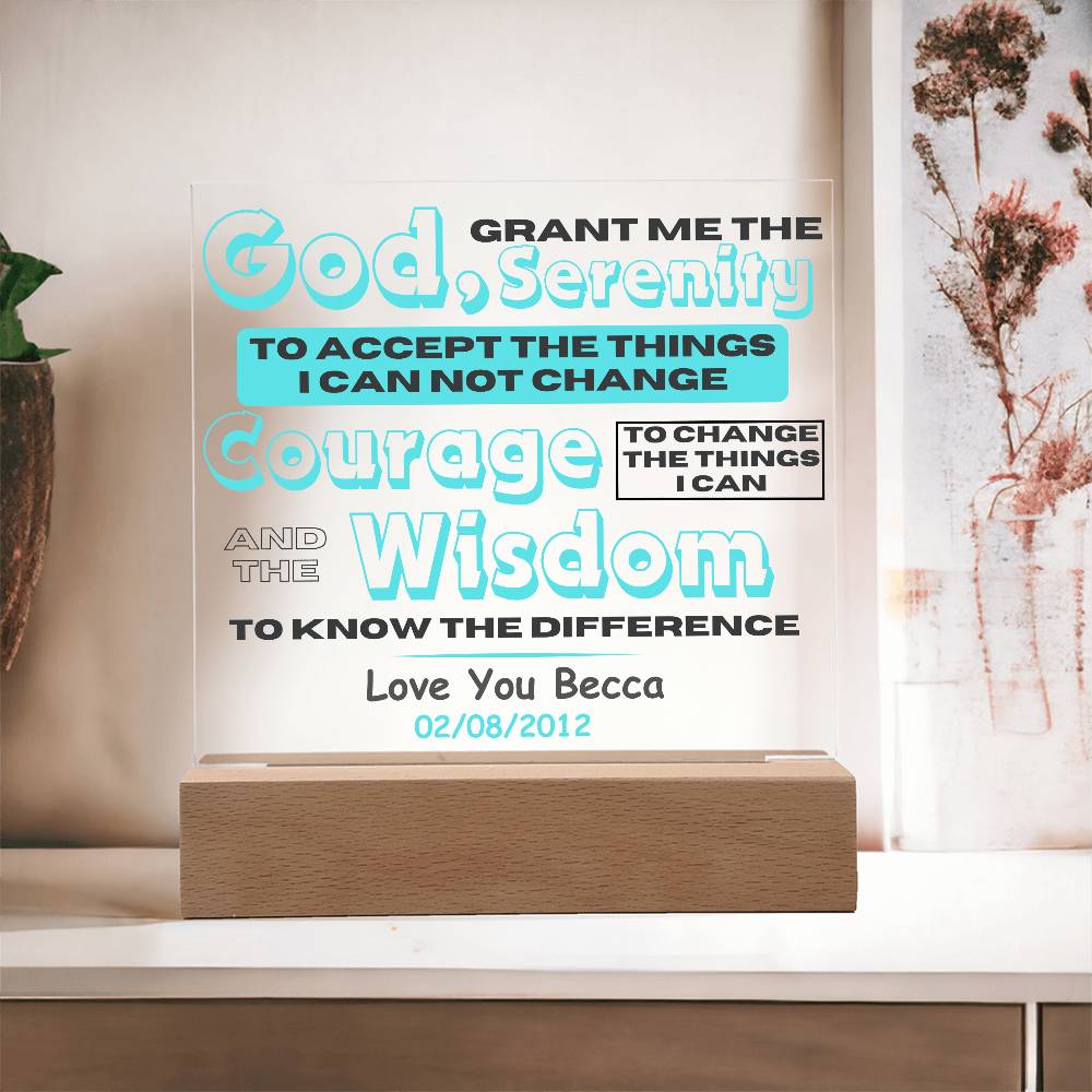 Custom Sobriety Date and Message with Serenity Prayer on LED Acrylic Plaque