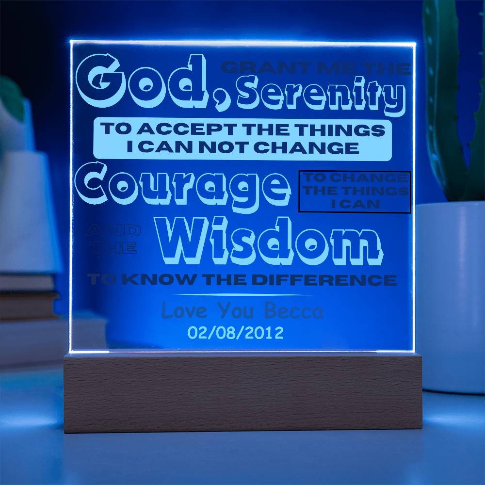 Custom Sobriety Date and Message with Serenity Prayer on LED Acrylic Plaque