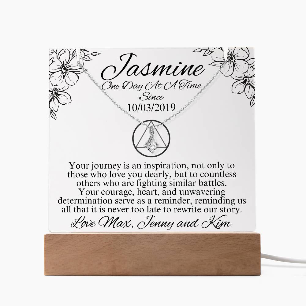 Personalized Keepsake Acrylic Bundle with Love Knot Necklace – Inspiring Sobriety Gift ~ With 7 Different LED Colors Included