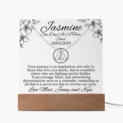 Personalized Keepsake Acrylic Bundle with Love Knot Necklace – Inspiring Sobriety Gift ~ With 7 Different LED Colors Included