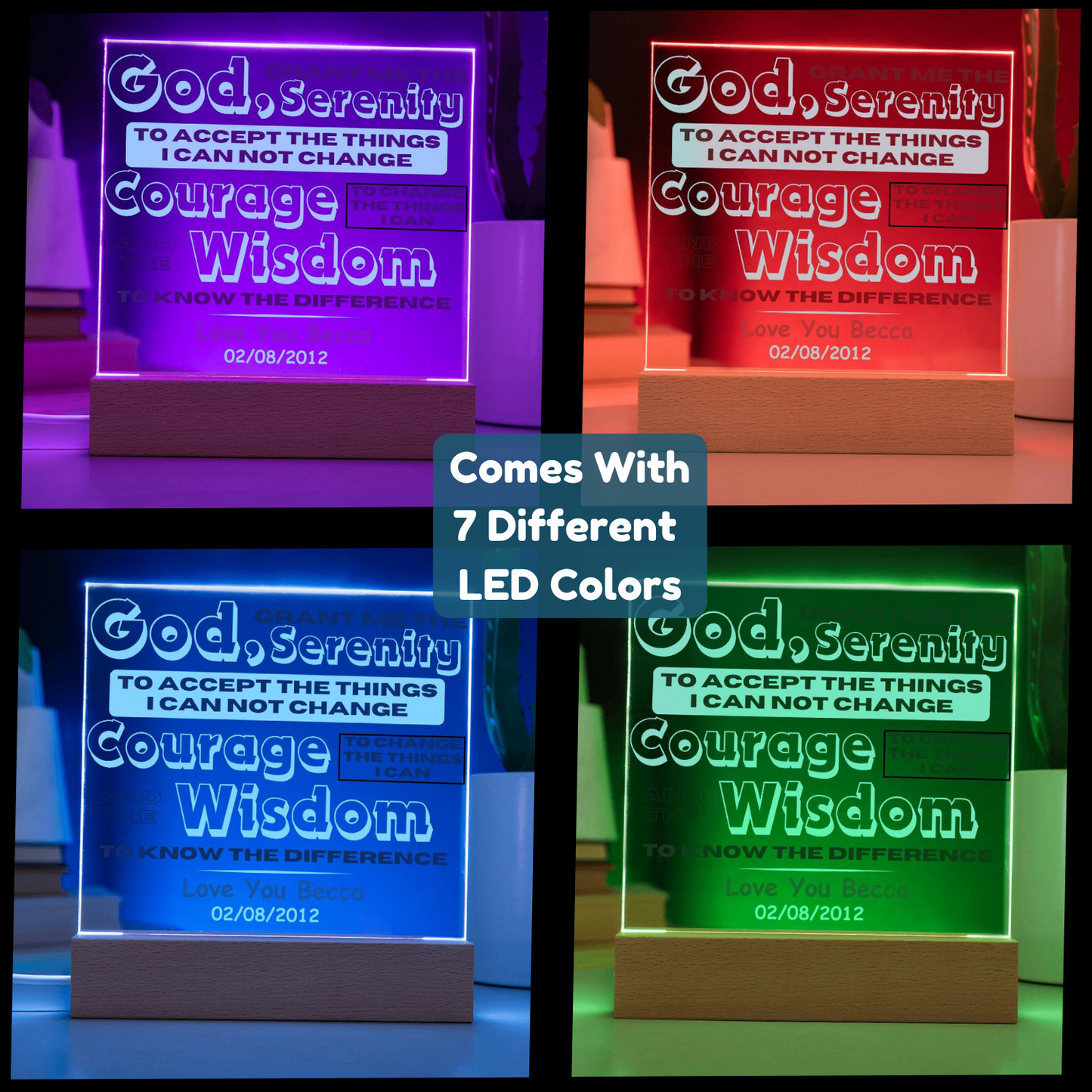 Custom Sobriety Date and Message with Serenity Prayer on LED Acrylic Plaque