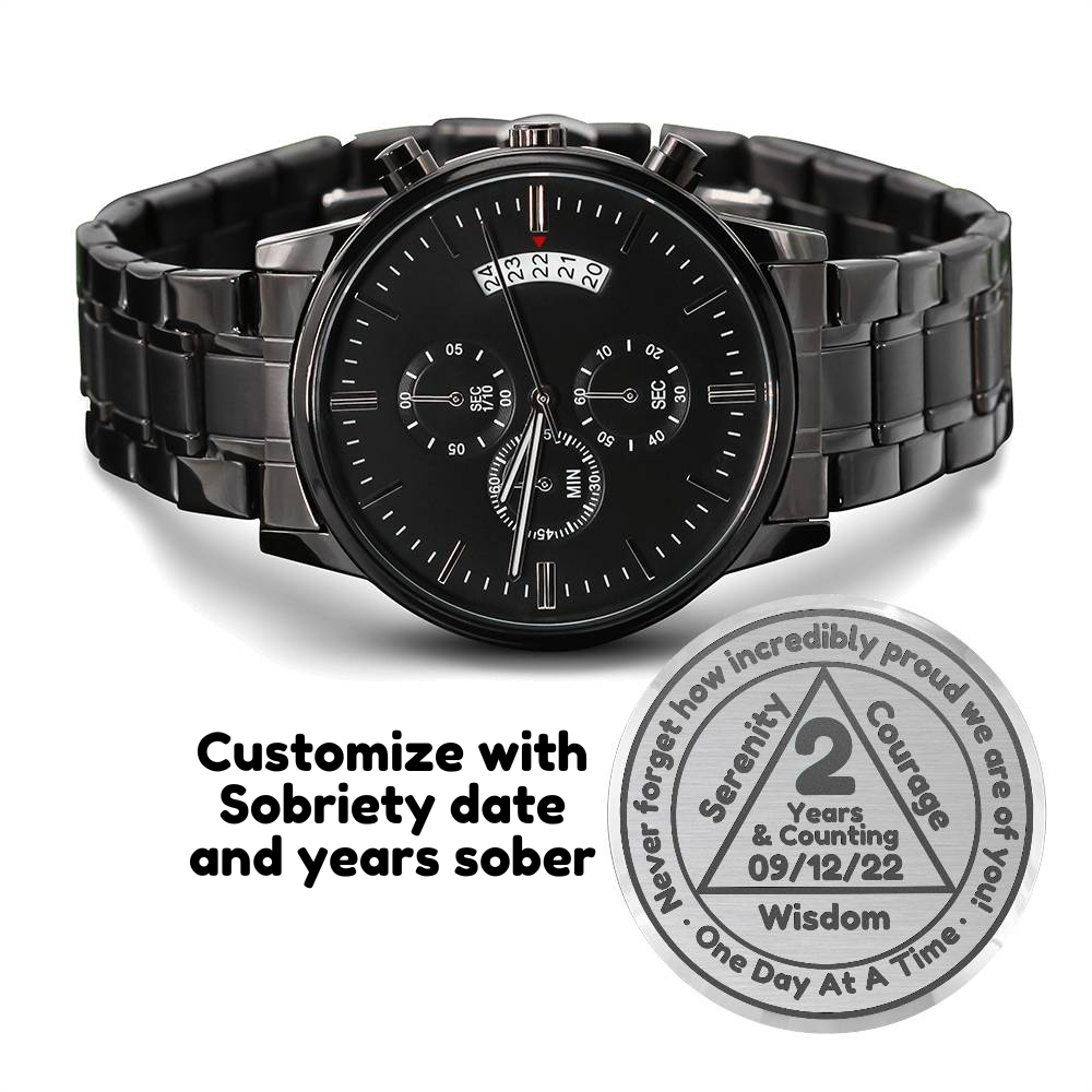 1-65 Years Sober - Gift for Man in Recovery - Sobriety Gift With Custom Date Engraved Watch