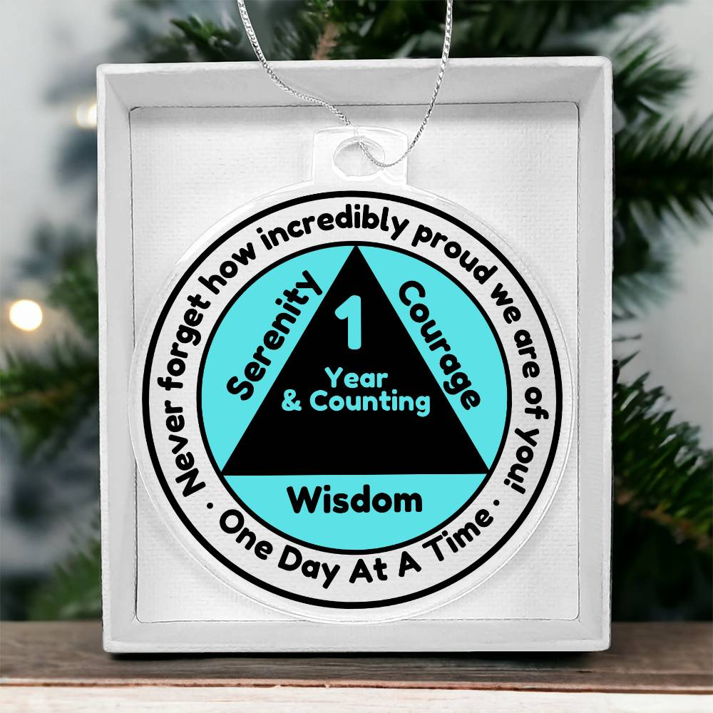 Custom Sobriety Date Ornament ~ One Day At A Time ~ Blue/transparent