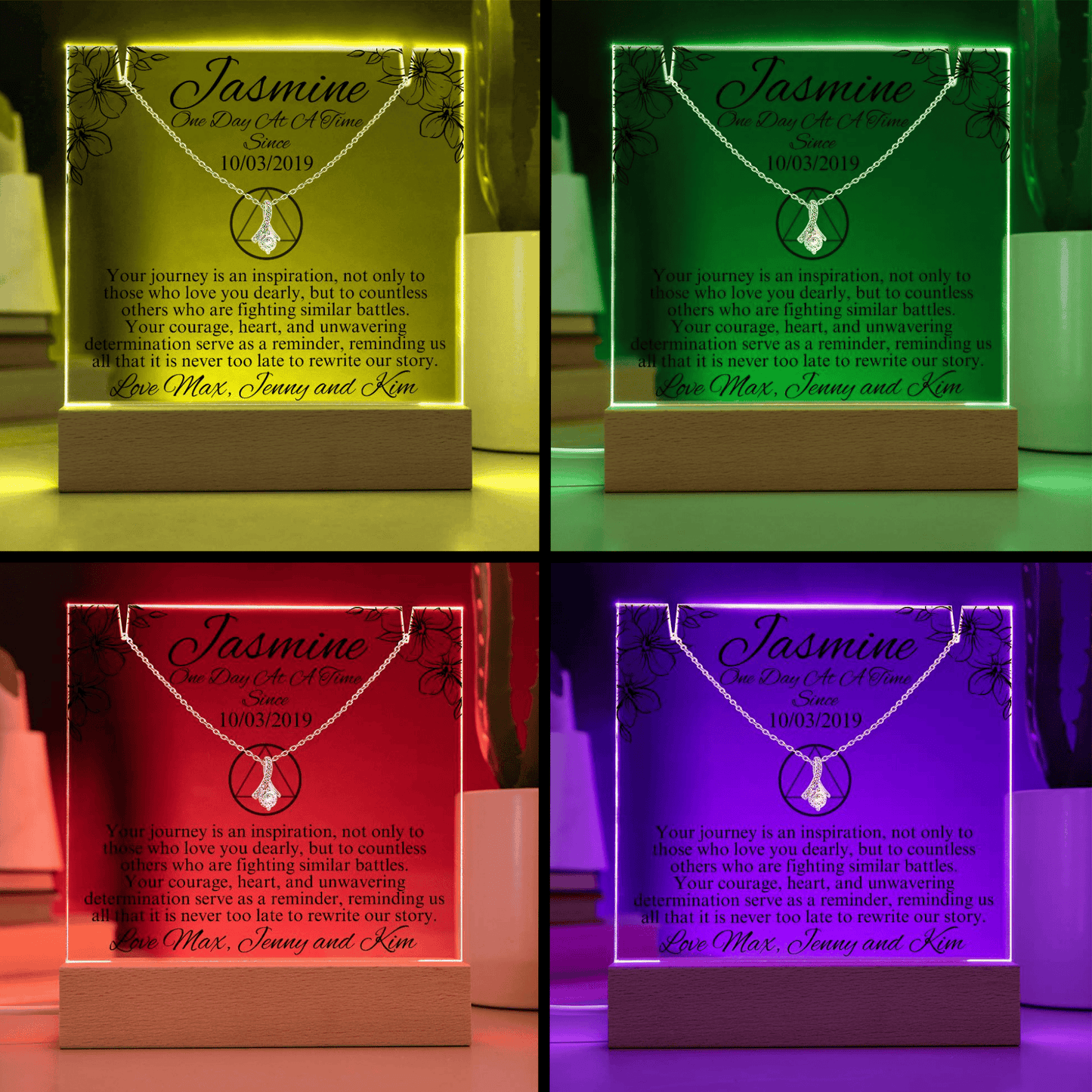 Personalized Keepsake Acrylic Bundle with Love Knot Necklace – Inspiring Sobriety Gift ~ With 7 Different LED Colors Included