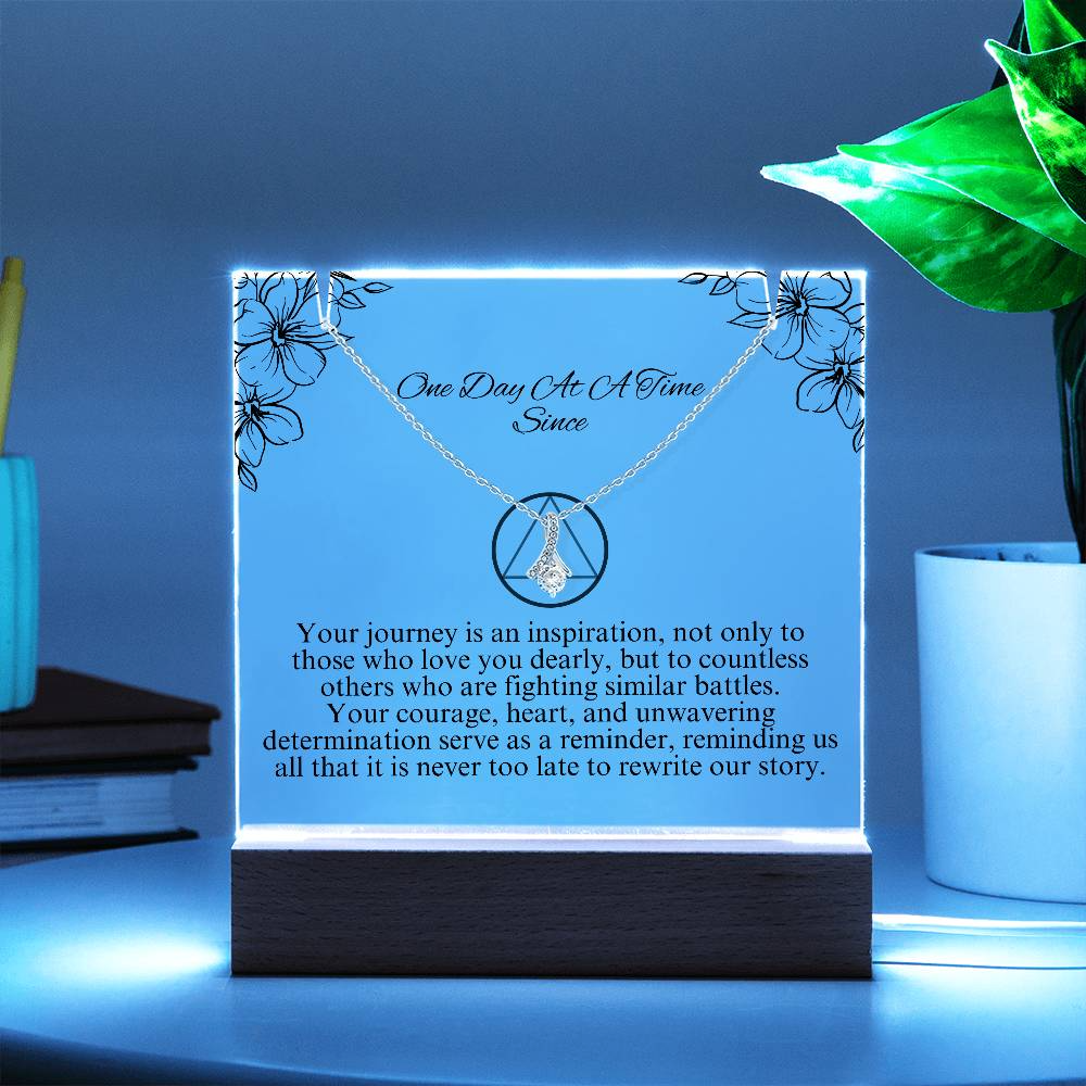 Personalized Keepsake Acrylic Bundle with Love Knot Necklace – Inspiring Sobriety Gift ~ With 7 Different LED Colors Included