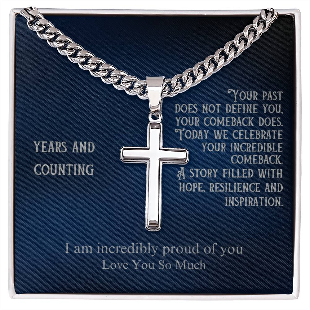 Sobriety Gift 1-65 Year Sober ~ Engraved cross necklace with sobriety date or custom message and personalize image in gift box