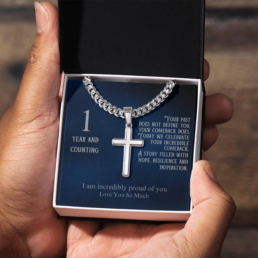 Sobriety Gift 1-65 Year Sober ~ Engraved cross necklace with sobriety date or custom message and personalize image in gift box