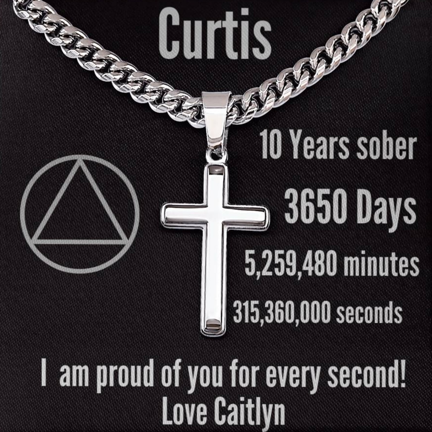 10 Years Sober Gift ~ Sobriety Card with Engraved Cross Pendant on Cuban Link Chain ~ Engrave Sobriety date or custom message