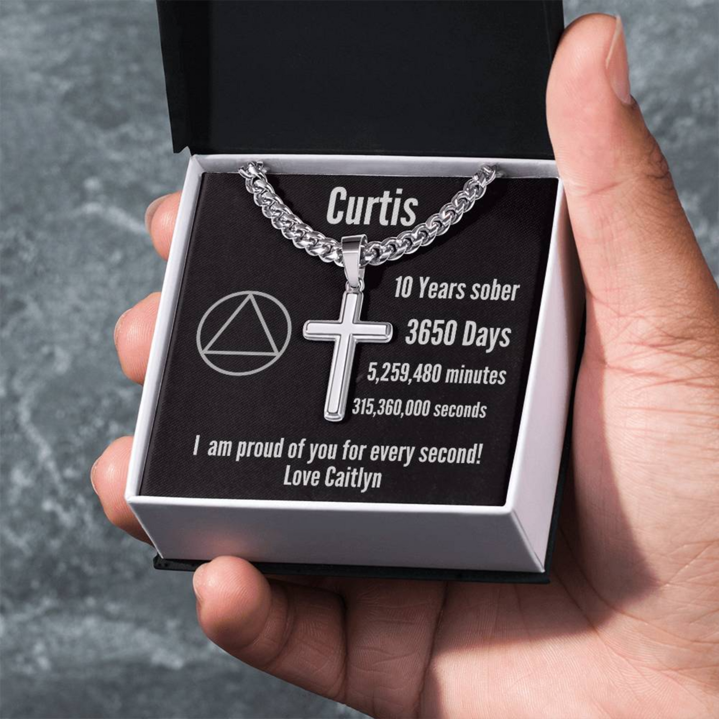 10 Years Sober Gift ~ Sobriety Card with Engraved Cross Pendant on Cuban Link Chain ~ Engrave Sobriety date or custom message