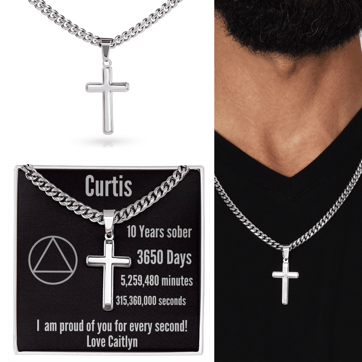 10 Years Sober Gift ~ Sobriety Card with Engraved Cross Pendant on Cuban Link Chain ~ Engrave Sobriety date or custom message