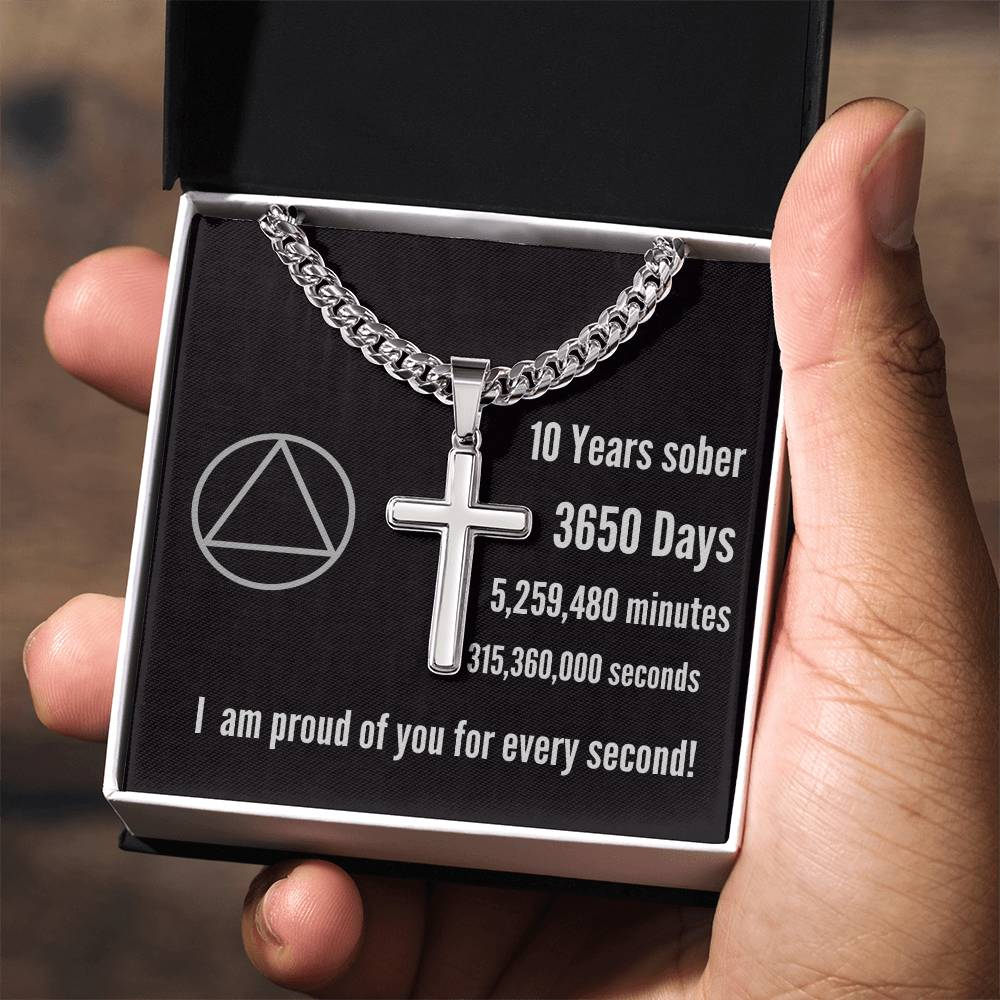 10 Years Sober Gift ~ Sobriety Card with Engraved Cross Pendant on Cuban Link Chain ~ Engrave Sobriety date or custom message