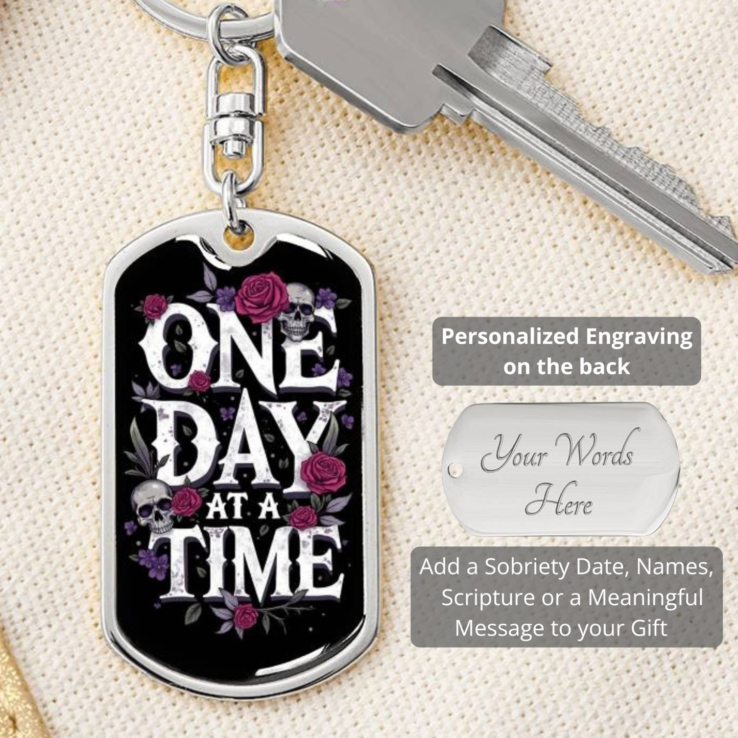 Personalized One Day at a Time Dog Tag Keychain | Sober Gift for Recovery Milestones