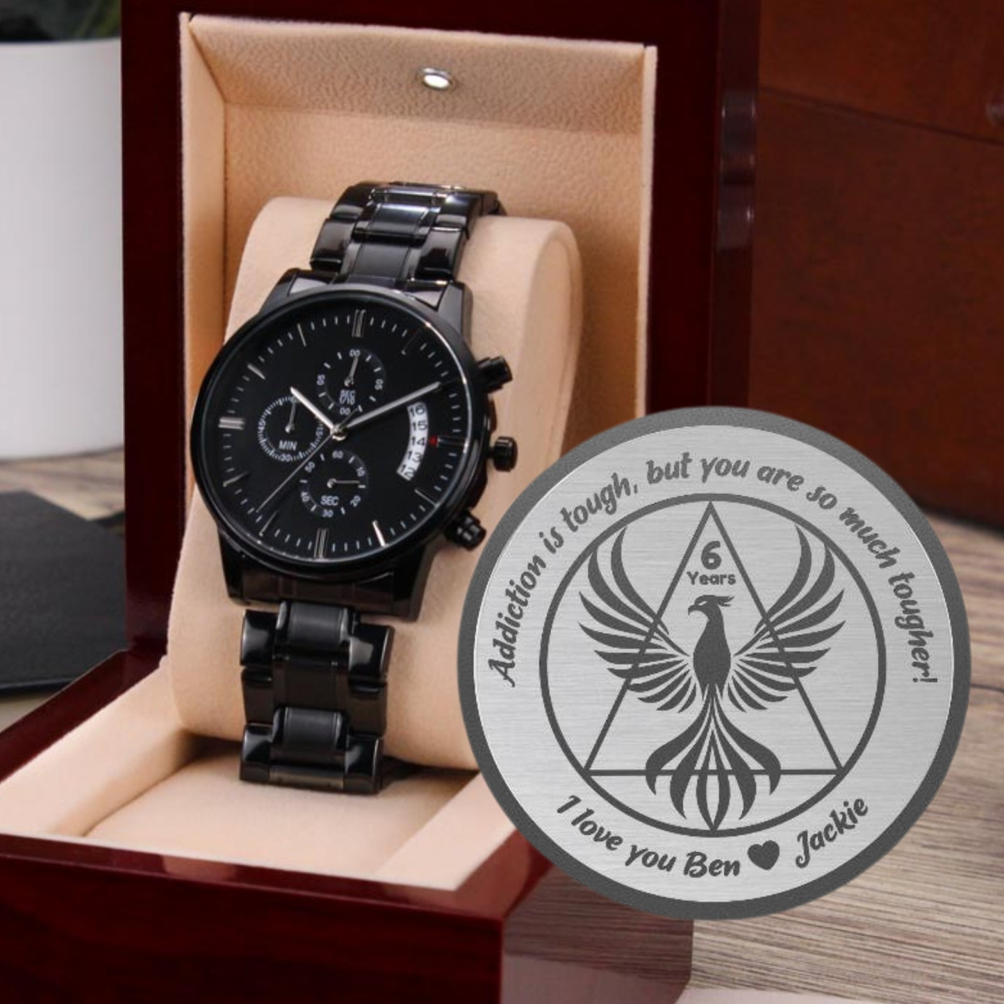 Men's Recovery Watch - Personalized Sobriety Date Engraving ~ Custom Phoenix Design 1-65 years