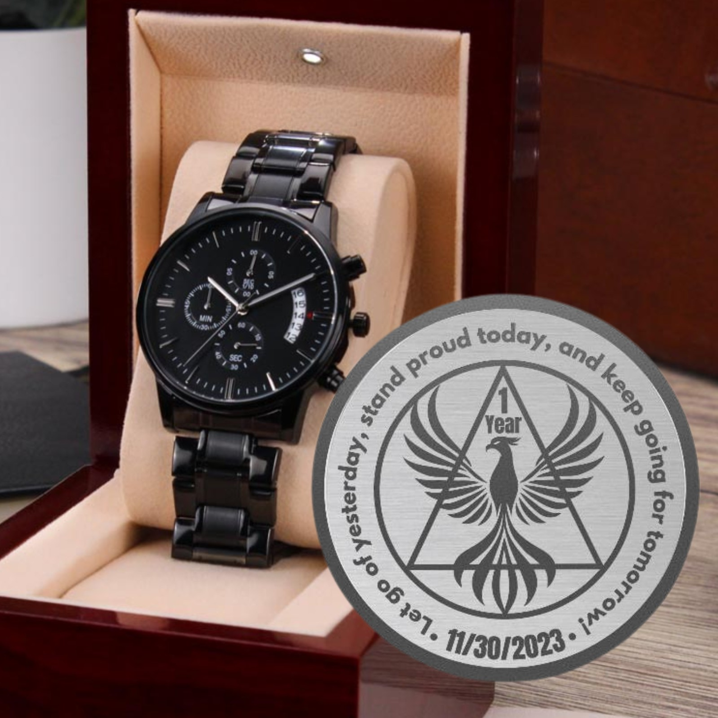 Personalized Sobriety Milestone Engraved Watch – Phoenix Symbol of Strength and Recovery Gift for Him