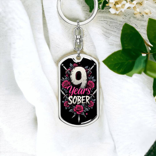 Personalized 9 Years Sober Dog Tag Keychain  | Engraved Sobriety Milestone Gift